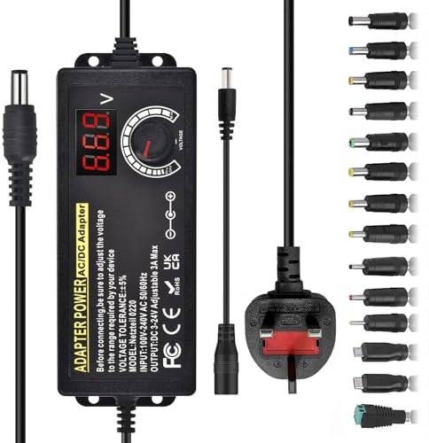 Universal Power Adapter 3A 72W Variable Power Supply Adapter AC 100V-240V to DC 3V-24V, Adjustable Power Supply with Polarity Converter and 14 Different Plugs, 3000mA Max