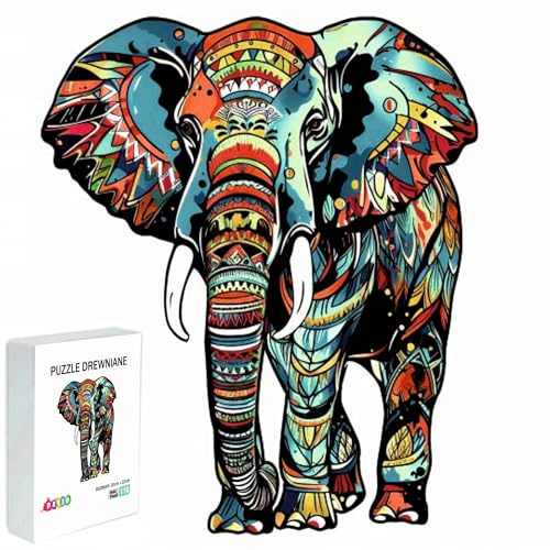 PASJO - Holzpuzzle Erwachsene mit Elefantmotiv 121 Teile 22x20 cm - Geschenkidee für Kinder - Holz Puzzle Elefant - Einzigartige Tierförmige Holz-Puzzle - Creative Jigsaw aus Holz für Erwachsene