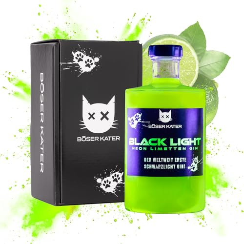 BÖSER KATER Blacklight Gin | Weltweit erster Schwarzlicht Neon Gin 0,5l | Partydrink mit Leucht-Effekt | Fruchtiger Limettengeschmack | Perfekte Geschenkidee in hochwertiger Geschenkbox 40% Vol.