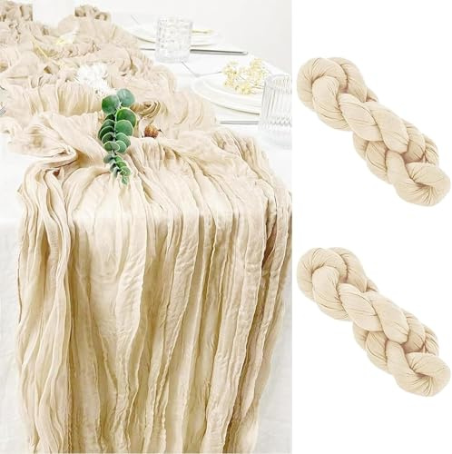 Cnwinu 2 Stück Tischläufer Beige,90 x 300cm Musselin Seihtuch Tischläufer,Boho Deko,Rustikaler Durchsichtiger Läufer,Tischdecke für Hochzeit,Dekoration,Geburtstagsparty (2 Stück Beige)