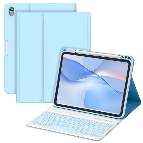 MMK for iPad 11/10th Gen Case with Keyboard 11/10.9 inch 2025 A16/2022, Detachable Wireless Bluetooth Keyboard with Pencil Holder, UK Layout Keyboard Case for iPad 11/10 Gen, Blue