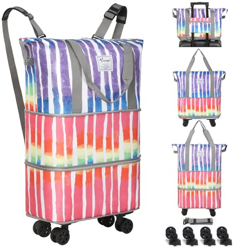 Voowo Reisetasche mit Rollen, faltbar, erweiterbar, Reisetasche mit Rädern für Reisen, Rollgepäck, Handgepäck mit Rollen, großer Rollrucksack, Wochenendtaschen für Männer und Frauen, Regenbogen