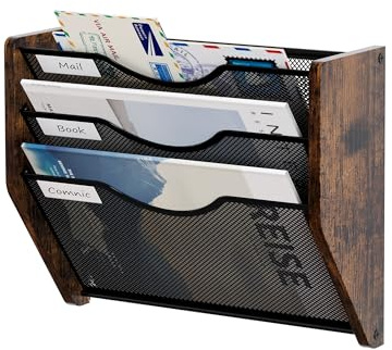 Senhoglb Metall Hanging File Organizer, 3-Tier File Folder Holder Wall Mounted Magazine Rack With Pockets Wood Document Storage Mail Organizer for Office Home, Antique Brown