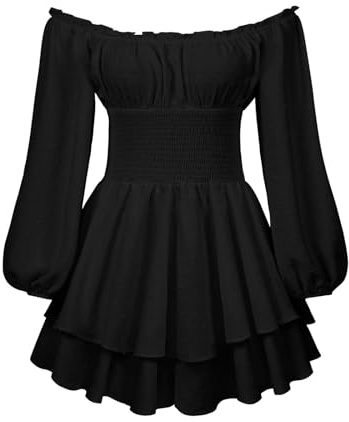 Piratenkostüm Damen Sommerkleid, Rüschenkleid mit Langen Puffärmeln, Schulterfrei, Stufenrock, Chiffon, als Freizeitkleidung,Off Shoulder Swing Kleid, Faschingskostüme Damen Party Karneval Kostüm