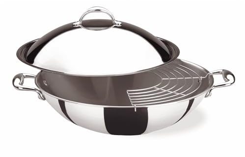 Lagostina Accademia Lagofusion, Wok 32cm en Acier Inox 18/10 avec Couvercle et Grille, Fond Lagofusion à 5 Couches pour Cuisson Rapide et Uniforme, Compatible Tous Feux y Compris Induction