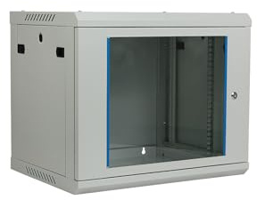 Netzwerkschrank 19 Zoll 9HE I 450 mm Tiefe I Serverschrank Grau montiert | Wandmontage I abschließbare Glastür I voll montiert I 100 kg Traglast I 600×450×503 mm (Grau - 45cm, 9HE)