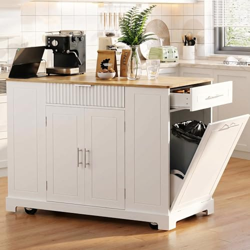 MEETFAV Rolling Kitchen Island on Wheels with Hidden Trash Can Storage - Movable Kitchen Island Table with Power Outlet, Multipurpose Portable Kitchen Storage Islands & Carts for Dining Room