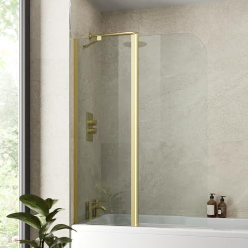 Luxura® 1000 x 1400mm Brushed Brass Gold 2 Section Folding Over Bath Shower Screen Door 6mm Clear Toughened Safety Glass Panel 180° Pivot Bathroom Hinged Framed Bath Screens