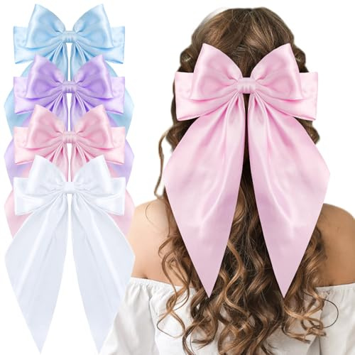 4 Pcs Satin Bow Hair Ribbon - Long Tail Bow Hair Clips in Pink, White, Blue, Purple - Perfect for Girls & Women - Birthday & Wedding
