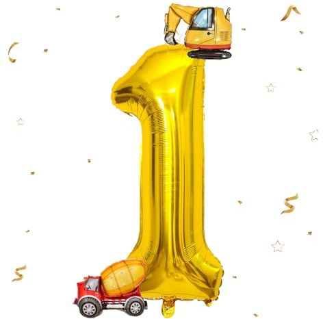 DazzJoy Bagger Luftballon 1. Geburtstag,40 Zoll Gold Zahlenballon 1 mit Bagger Folienballon,Baggere Geburtstag Deko 1 Jahre Junge, Baggere Deko Zahlen 1 Ballon, Baustellen Party Kindergeburtstag Deko