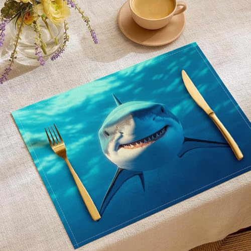 6 Pezzi Sottopiatti Feroce Squalo Blu Mare, Tovagliette Lavabili, 30 x 45 cm Tovagliette Rettangolari Stampate in Lino, Adatto a cucina, soggiorno, sala da pranzo, bar