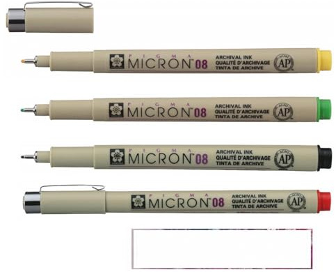 PIGMA MICRON Sakura 08 Set mit 4 Farben: Rot, Grün, Gelb, Schwarz und 1 Karte.