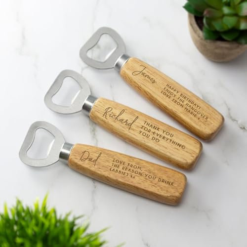 Abrebotellas personalizado de madera grabado con láser para el día del padre, regalo de cumpleaños para él (20 unidades)