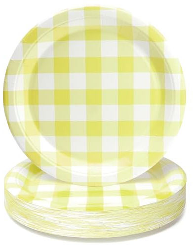 PARTY GO 50Pcs 9 23cm Yellow White Paper Plates for Dinner and Dessert Great for Graduations, Holidays, Weddings, Birthday Parties, Baby Shower Decorations