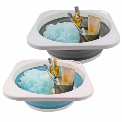 MINDFARGE 2 Pack Portable Folding Wash Basin, 1.4 Gallon Lightweight Collapsible Sink, Camping Dish Tub, RV, Travel, Space-Saving and Easy to Store (Grey+Blue, 2 Pack)