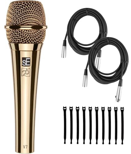Briskdrop sE Electronics V7 Gold Supercardioid Handheld Vocal Microphone - 25th Anniversary Edition - Bundle with 2 XLR Cables and 10 Cable Ties