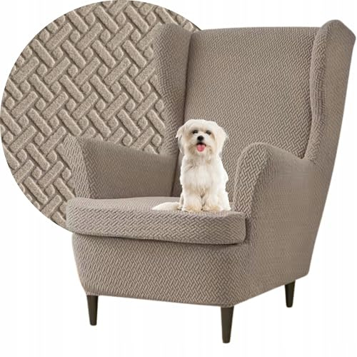 Domidekor Ohrensessel Überzug – Sesselschoner – Sesselbezug Stretch Beige - Strandmon Sessel Bezug – Sesselhusse Elastisch Jacquard Fischgrät Schmutzabweisend - Oeko-Tex 100