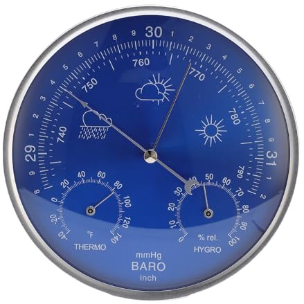 Goshyda 3 en 1 Toda la Temporada Higrómetro de Barómetro del Termómetro de Pared para Instrumentos Meteorológicos Interiores Al Aire Libre y Preciso Azul 180 Mm