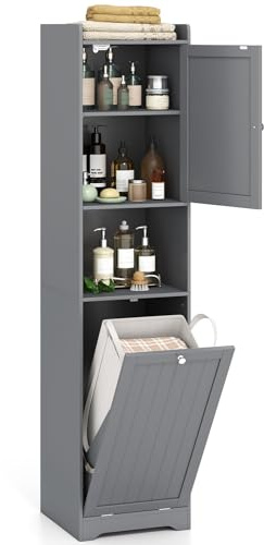 COSTWAY Bad Hochschrank mit Wäschekorb, Badezimmerschrank mit verstellbarem Regal & offenem Fach, Badschrank Holz, inkl. 48L herausnehmbarer Wäschesack, 40 x 40 x 170cm (Grau)