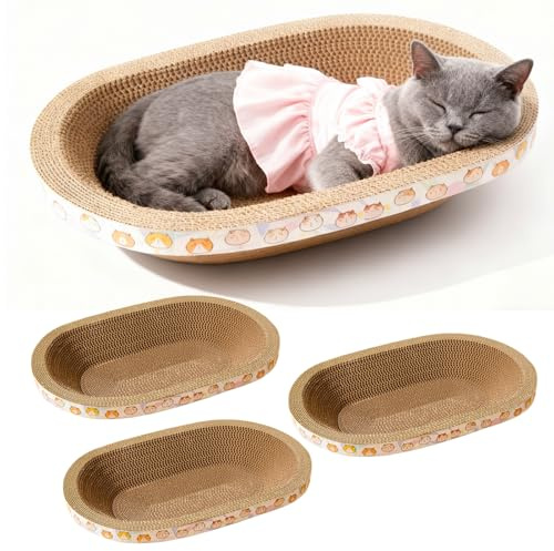 Spindro 3 Pack Large Cat Scratcher Cardboard, Oval Cat Scratcher Bed Cat Scratch Pad Board Lounge Couch for Indoor Cats Bowl Shaped Cat Scratching Post Nest for Cats Grinding Claw Furniture Protector