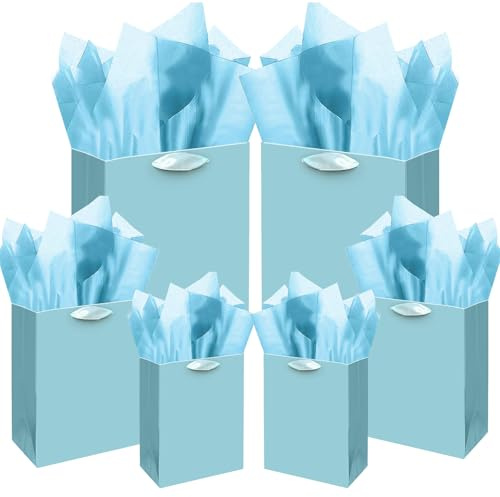 Gcardis Seeblaue Geschenktüten mit Seidenpapier in verschiedenen Größen 10 Stück Geschenktüten zum Geburtstag (2 Stück groß 13, 4 Stück mittel 9, 4 Stück klein 6, Seidenpapier)