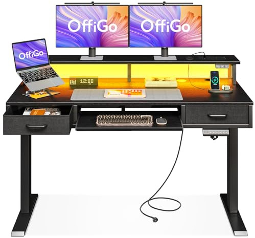 OffiGo Höhenverstellbarer Schreibtisch mit 2 Schubladen und Tastaturablage, 120 cm Elektrischer Schreibtisch mit Monitorständer, Tisch Höhenverstellbar mit RGB Licht und Steckdosen, Schwarz