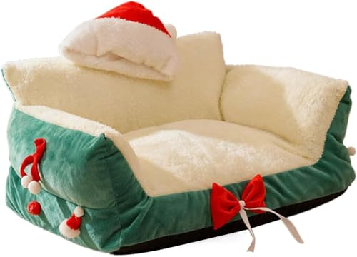 Kattsoffa - Julhattformad stol, kennel i mjuk lammskinn for små hundar, mjuk PP-bomull med mysig design, bekväm(Green,M)