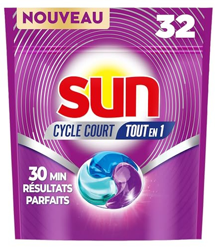 Sun - Capsules Lave-vaisselle, Cycle Court, Tout en 1, 32 Pastilles | Nettoyage rapide dès 30 minutes, technologie Fast Action, dissolution totale sans résidu pour lave-vaisselle