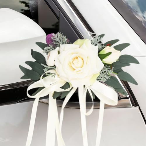 Umllpet Hochzeit Autoschmuck, 2 Stück Hochzeit Autoschleifen, Autoschleifen Hochzeit, Vintage Hochzeits Künstliche Blume mit Saugnäpfen, Künstliche Blume Autoschmuck für Auto Rückspiegel (Weiß)