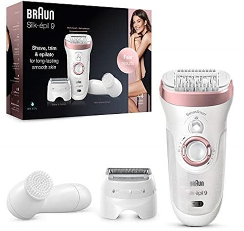 Braun Silk-�pil 9 Epilator Hair Removal, Includes Facial Cleansing Brush High Frequency Massage Cap Shaver and Trimmer Head, Cordless, Wet & Dry, 100% Waterproof, UK 2 Pin Plug, 9-880, White/Pink