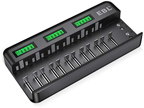 EBL 12+2 Bay Akku Ladegerät-Schnell Batterie ladegerät-für AA/AAA/C/D NI-MH/NI-CD Akku & 9V NiMH/NI-CD/Li-ion Akku automatische Erkennung & Abschaltung, LCD Anzeige 9036 Batterienladegerät