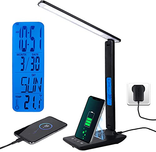 LED Desk Lamp with 10W Wireless Charger, USB Charging, Touch Control Table Lamp Light with 3 Color Mode, 5 Brightness, Time, Temperature, Clock Function for Home Office School Work Study (Black)