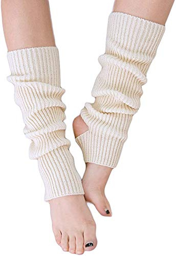 YUANQIAN Calentador de piernas largo extra suave de invierno para mujer, calentador de piernas de punto con estribo para yoga, ballet y baile, Blanco, Length 43 cm