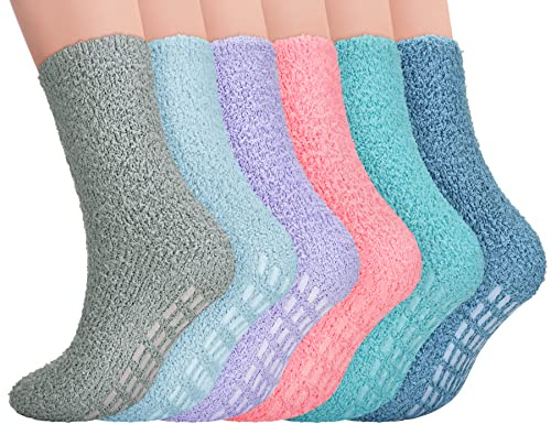 AdWon Fluffy Socks Women 6 Pairs Winter Warm Thermal Slipper Socks Soft Fleece Cozy Socks Girls Plush Comfy Fuzzy Bed Socks with Non Slip Grips