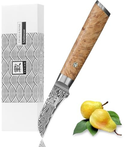 zayiko Damast Schälmesser Klinge 6 cm I aus 67 Lagen I Damastmesser Küchenmesser aus echtem schwarzen Damaststahl mit Wurzelholzgriff Birke Serie Kinone
