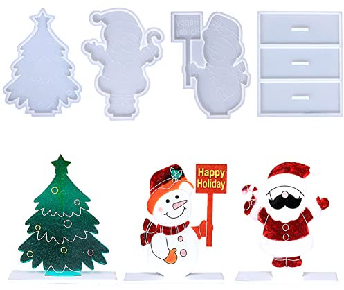 4Pcs Moule Resine Epoxy Arbre de Noël Père Noël Bonhomme de Neige Moule Cristal époxy, Moulle Silicone Resine Epoxy Panneau de Bienvenue de Noël DIY Décorations Artisanales En Résine Décor de Noël