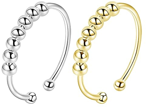 LENTQIUTT 2 Pcs Anti-Stress-Ring Anti-Angst-Ring-Set Frauen-Anti-Stress-Ring Fingerspitzen-Ring Unisex Einstellbare Fingerspitzen-Ring Frauen Männer (Gold Silber)