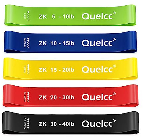 Quelcc Elastici Fitness, 5 Livelli di Resistenza Bande Elastiche da Fitness, Banda Elastica con Guida di Esercizi, per Allenamento di Forza, Pilates, Bodybuilding, Yoga