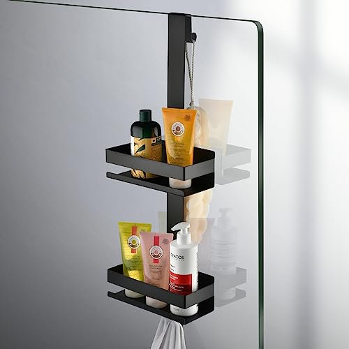 Beelee Panier de douche à suspendre, organiseur de douche à suspendre au-dessus de la porte, rangement de salle de bain avec support à 2 niveaux et crochets, peut contenir du gel douche, shampooing