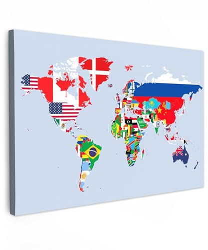 MuchoWow© Impression sur Toile Peinture 90x60 cm Tableau Mural Decoration Salon Reproductions de Tableaux Murale Moderne une Carte du monde geante - Carte - Drapeau - Pays