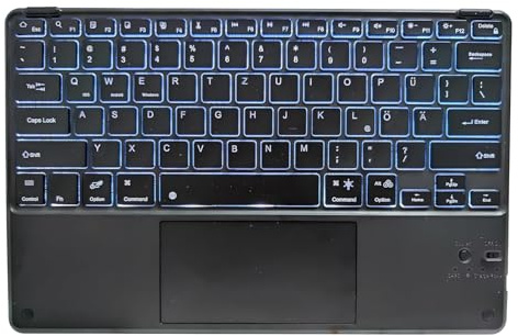 Bueuwe Clavier Bluetooth éclairé avec pavé tactile, clavier QWERTZ ultra léger, clavier sans fil avec 7 couleurs éclairés avec Tap-C pour iPad, tablette Android, Windows, noir