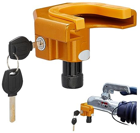 Relaxdays Antifurto Rimorchi, Serratura a 2 Chiavi, Protezione Gancio Camper, Lucchetto Sicurezza Auto, Nero Arancione, Ottone, 9,5 x 11 x 9 cm