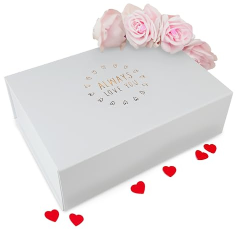 Verpackungswelt Geschenk-Box mit Deckel Always Love you | 31x22x10 cm | Perfekt für Valentinstag | Geschenk-Karton mit Magnet-Verschluss | Geschenk-Verpackung in Weiß mit Aufschrift in Gold