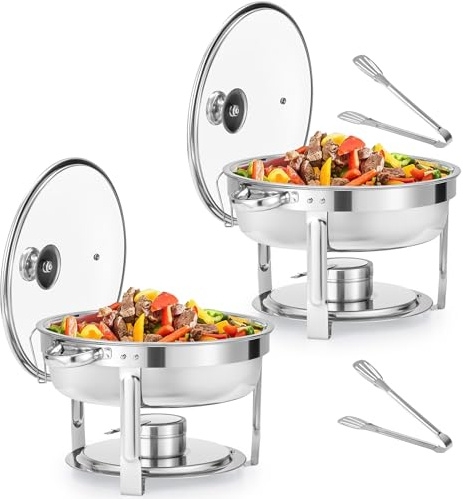 WILPREP Chafing Dish Buffet Set, 2 Pack 5.5L Round Chafers for Catering with Glass Lid & Lid Holder Water Food Pan, Stainless Steel Food Warmers