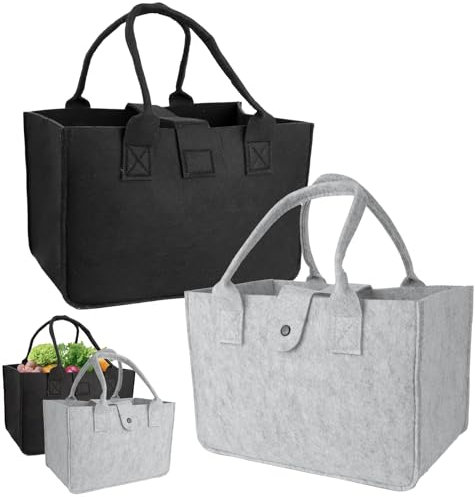 2 Stück Filztasche Shopper, robuste Einkaufstasche aus Filz zum Einkaufen & Aufbewahren, faltbare Filztasche, Filzkorb mit Griffen, Filz Zeitungsständer Zeitungskorb (Grau, Schwarz)