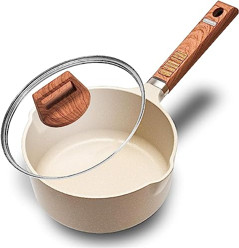 CTCOIJRN Casserole à Lait en Alliage d'aluminium avec Couvercle, antiadhésif Domestique, Pot à Soupe Multifonction, Petit déjeuner, Manche en Bois Blanc