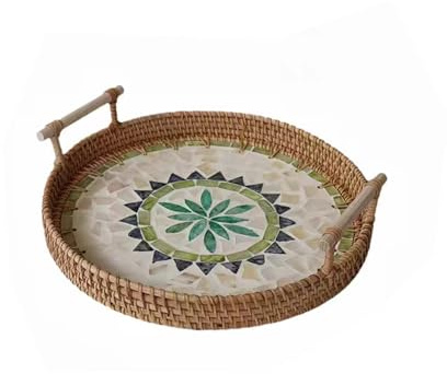SLHEQING Rattan Serviertablett mit Griffen, Handgewebtes Wicker-Tablett Dekotablett Rund Aufbewahrungsplatten für Frühstück, Getränke, Snacks, Desserts, Brot, Kerze, Früchten (Blau, 28cm Durchmesser)