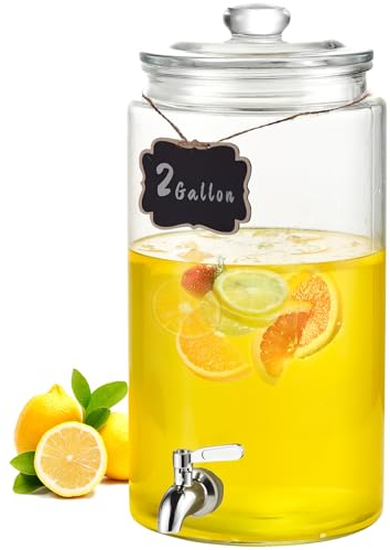 VEVOR Dispensador de Bebidas de 7,5 litros para Fiestas, Dispensador de Jugo de Vidrio con Espiga de Acero Inoxidable, Dispensador de Agua de Jugo de Limonada de Té Helado, 375 x 183 x 183 mm
