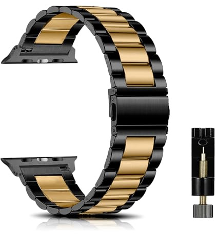 SeNool Strap for Apple Watch 49mm 46mm 45mm 44mm 42mm Series 10/9/8/7/6/5/4/3/2/1/Ultra 3/Ultra 2, Men and Women Metal Stainless Replacement Watch Strap Band for Apple iWatch/SE 3/SE 2-Black/Gold