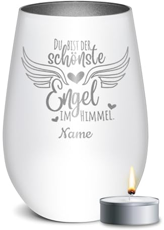 PR Print Royal Trauer Windlicht mit Gravur - Der schönste Engel im Himmel - mit Name gravieren - Trauergeschenk, Gedenklicht, Geschenke für Trauernde | inkl. Teelicht, 450 ml, Weiß/Silber